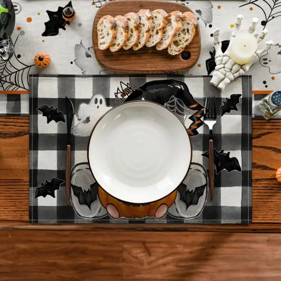 Set of 4 Buffalo Plaid Gnome Pumpkin Halloween Placemats - 12x18 Inch (Black/Beige) {2}