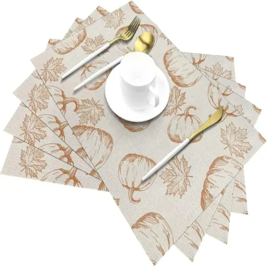 Set of 4 Orange Pumpkin Maple Leaf Fall Placemats - 12x18 Inches {2}