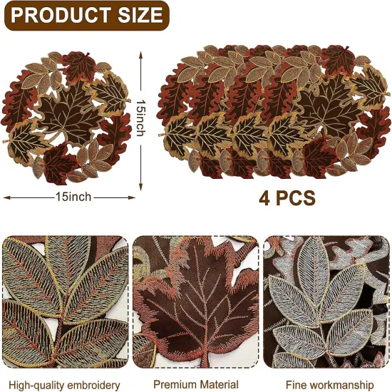 Set of 4 Round Fall Embroidered Placemats with Maple Leaves Design - 13.7 &times; 19.6 inches {3}