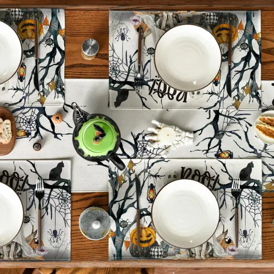Set of 4 Ghost Pumpkins Halloween Placemats - 12x18 Inch (Black/Beige) {4}