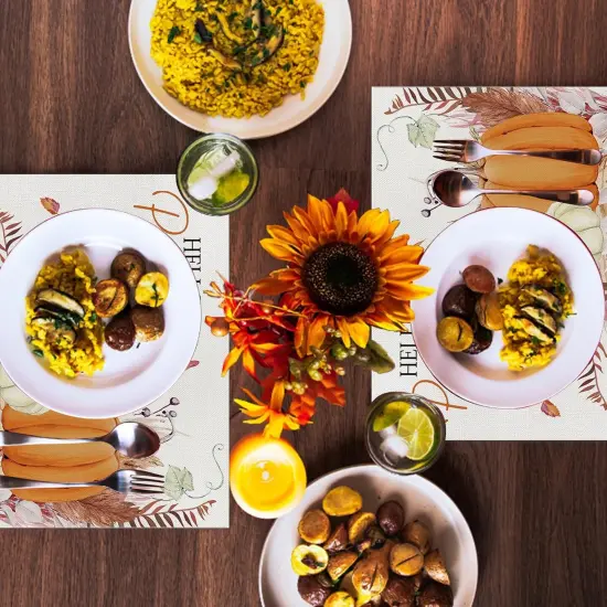 Set of 4 Orange Hello Pumpkin Leaves Placemats - 12 x 18 Inch {4}