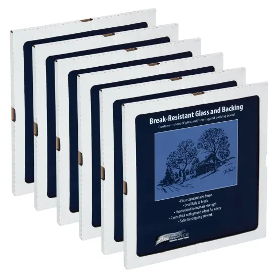 Ambiance Break-Resistant Picture Frame Glass and Backing, 12x12" Pack of 6, for Replacement or Empty Frames, 2mm Thick, Rounded Edges for Safe Handling, White Corrugated Cardboard {1}