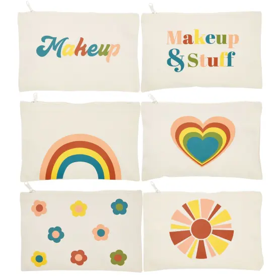 12 Pack Small Canvas Makeup Bags with Zipper for Women, 6 Retro Designs (White, 8 x 6 In) {1}