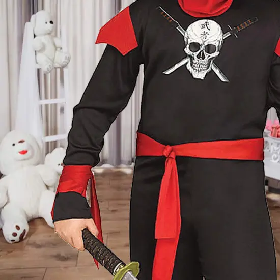 Skull Ninja Black Child Costume with Red Mask and Hooded Jumpsuit {2}
