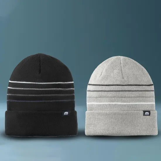 TravisMathew Striped Cuffed Beanie Acrylic Warm Cozy Adjustable Cuff Personalized Fit Black {5}