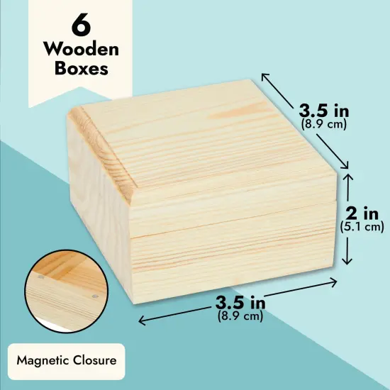6 Pack Unfinished Wooden Boxes with Hinged Lids, Pinewood Magnetic Wood Box for Crafts, Jewelry Storage (3.5 x 3.5 x 2 In) {5}