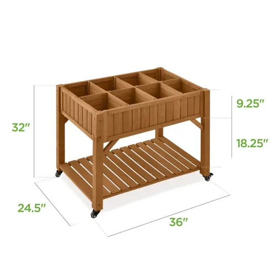 Elevated Fir Wood Planter Box with Adjustable Compartments and Wheels {5}
