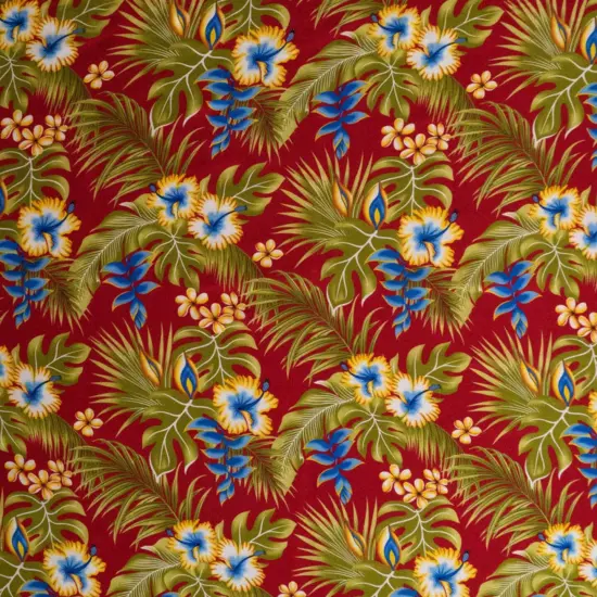 1 Yard Hibiscus Plumeria Split Banana Palm Leaves Rayon Poplin Fabric 44/45" Wide Red {3}