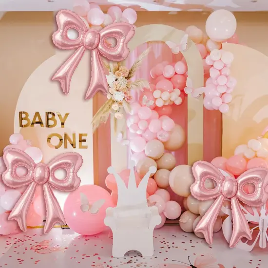 Pink Happy Birthday Balloons - Huge Pink Bow Aluminum Foil {4}