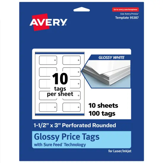 Avery Printable Perforated Rounded Rectangle Price Tags, Sure Feed Technology, 1-1/2" x 3", Glossy White Cardstock, Print-to-The-Edge, Laser/Inkjet Printable, 100 Total {7}