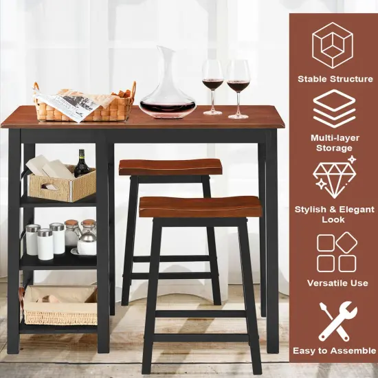 Costway 3-Piece Counter Height Dining Table Set w/2 Saddle Stools&Storage Shelves Walnut {5}