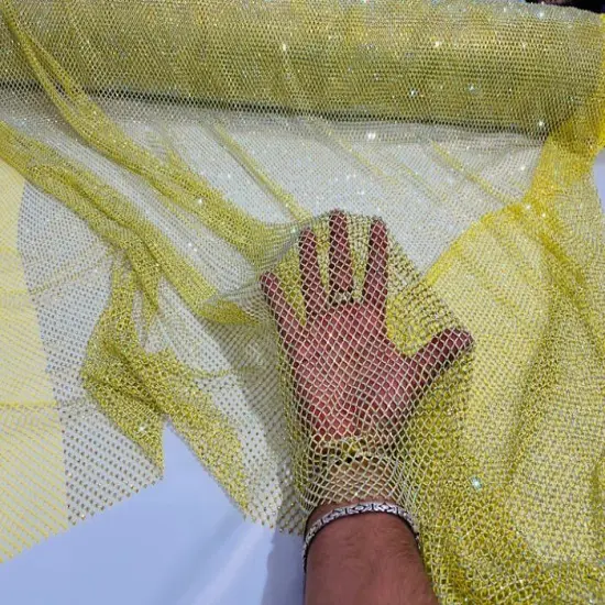1 Yard Sparkly AB Rhinestone Fishnet Fabric Stretch Mesh for Costumes, D&eacute;cor, and Apparel Yellow Iridescent {1}