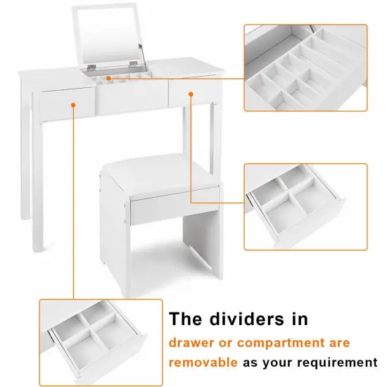 Costway White Vanity Dressing Table Furniture Stool Storage Box {4}