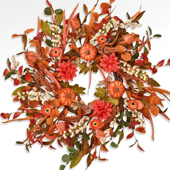 24" Pumpkin Fall Wreath with Colorful Mixed Leaves {1}