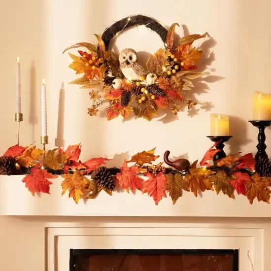 18'' Fall Door Wreath with Lights Cute Owl for Harvest Decor {2}