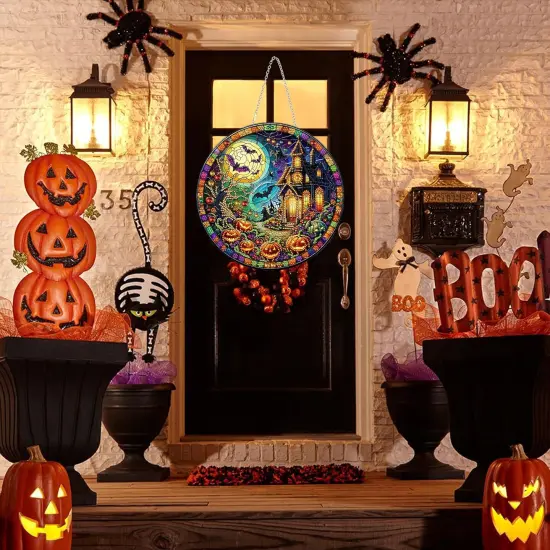 DIY Halloween Diamond Art Painting Wreath Kits，Special Shaped Rhinestone(Haunted House) {3}