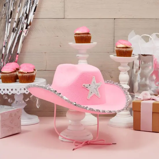 4-Pack Pink Cowboy Hats for Girls and Women - Felt Cowgirl Hats with Western Star for Costume, Dress Up Party, Birthday (One Size Fits All) {4}