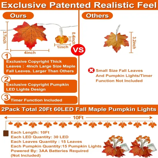 2 Pack & Timer - Fall Garland with Pumpkin Lights - 60 LED 20 Ft (3D) {4}