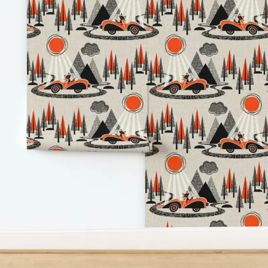 Pre-Pasted Wallpaper 2FT Wide Cat Mid Century Sun Car Forest Toile Mountains Modern De Jouy Custom Pre-pasted Wallpaper by Spoonflower {2}