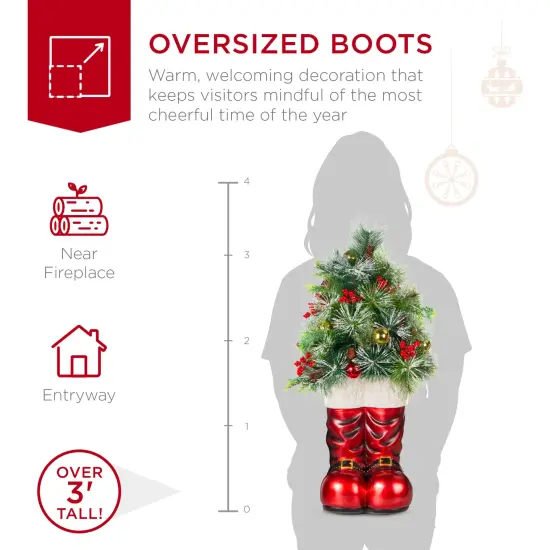 Best Choice Products 40in Santa Boots Decoration w/ Pre-Decorated Christmas Greenery, Battery-Operated Lights Red {7}
