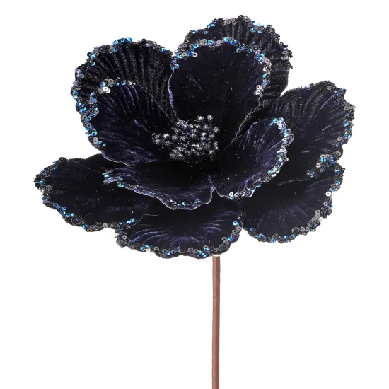 24" Velvet Glitter Bead Edge Magnolia Flower - Midnight Blue {1}