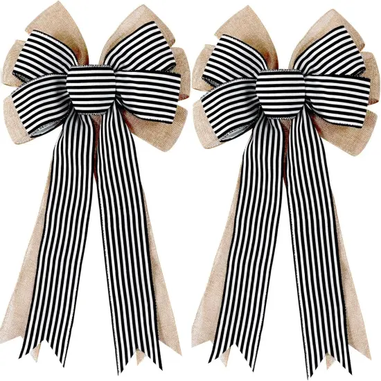 2 Pack Black White Stripe Burlap Fall Bows for Wreaths Decorations,Rustic Farmhouse Crafts Bow Wrapping Tree Topper Wedding Holiday Birthday Party Wall Home Front Door {1}