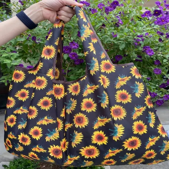 Wrapables Medium Foldable Tote Nylon Reusable Grocery Bag (Set of 2), Sunflowers {6}