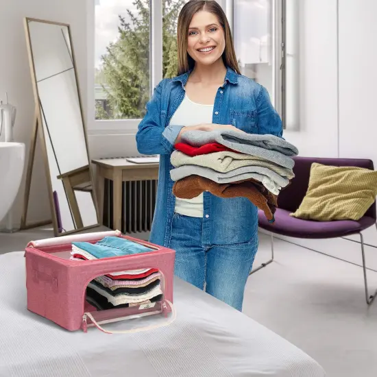 Sorbus 1 Pack Storage Bin with Metal Frame - Stackable & Foldable Bedding, Linen, and Clothes Organizer Bags with Window and Handles Pink {5}