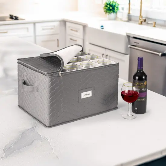 Sorbus Stemware Storage Cases (Quilted) Wine Glass Storage Box Case with Dividers and Handle for Glassware, Flutes, and Goblets Gray {2}