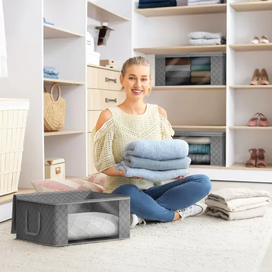 Sorbus Medium Clothes Storage Bags 6 Pack - Foldable Blanket Organizer Bins with Window, Lids, and Handles Gray {2}