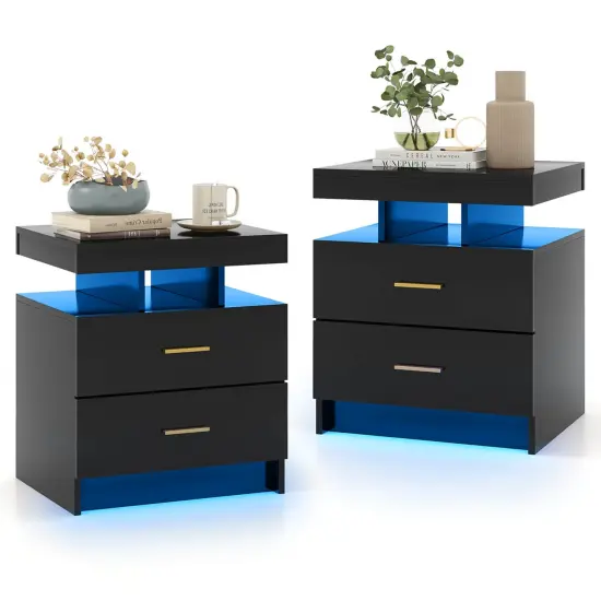 Costway LED Nightstand Set of 1/2 with 2 Storage Drawers Adjustable Light Mode Remote Control {8}