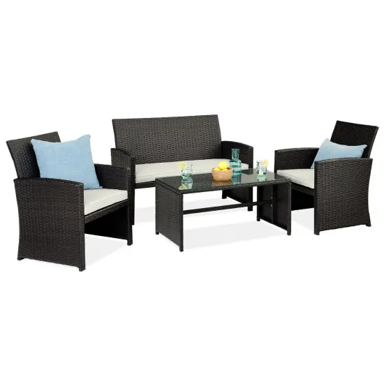 Best Choice Products 4-Piece Outdoor Wicker Patio Conversation Furniture Set w/ Table, Cushions Black/White Sand {1}