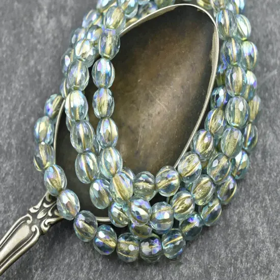 *25* 6mm Gold Washed Blue Aqua ABFaceted Round Melon Beads {3}