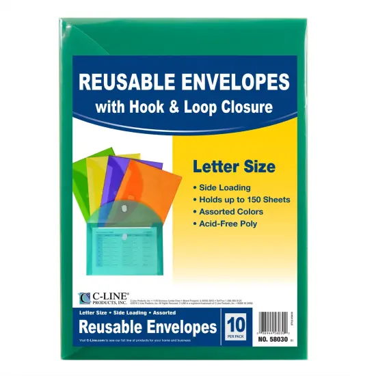 XL Reusable Envelopes, Hook and Loop Closure, 8 1/2 x 11, Assorted Colors, Pack of 10 {1}
