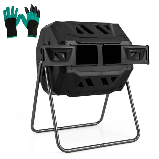 Costway 42-Gal Compost Bin Dual Chamber Composting Tumbler with 2 Sliding Doors Metal Frame Black/Green {7}