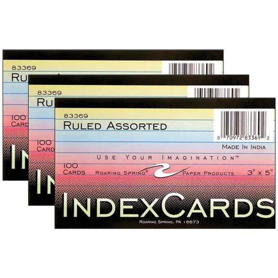 Index Cards, 3" x 5", Ruled, Assorted Colors, 100 Per Pack, 3 Packs {1}