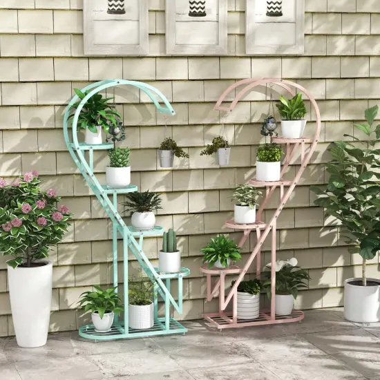 Costway 5 Tier Metal Plant Stand Heart-shaped Shelf with Hanging Hook for Multiple Plants Black/White/Pink & Blue {11}