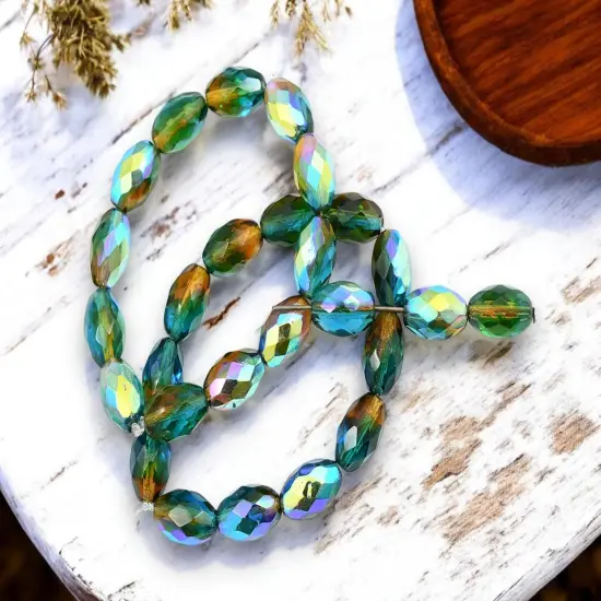 *12* 12x8mm Teal Amber AB Fire Polished Faceted Oval Beads {2}