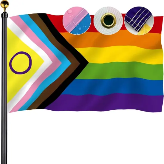 Intersex Progress Pride Flags 3x5 Outdoor - Embroidered Circle and Sewn Stripes Inclusive Lesbian Gay Bisexual Transgender Rainbow Flag for Outside with 2 Brass Grommets UV protection Fade Resistant {1}