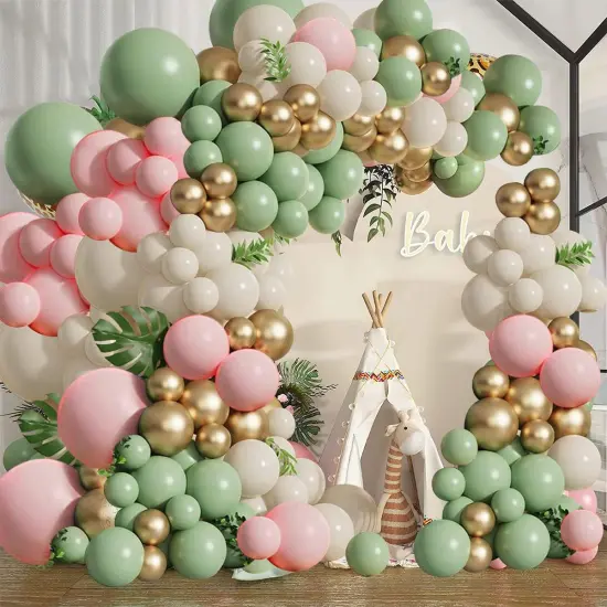 Sage Green Pink Balloons Garland Kit,133pcs Olive Green Blush Pink Sand White Metallic Gold Balloons for Girl Baby Shower Bridal Shower Wedding Birthday Jungle Safari Woodland Party Decorations&hellip; {4}
