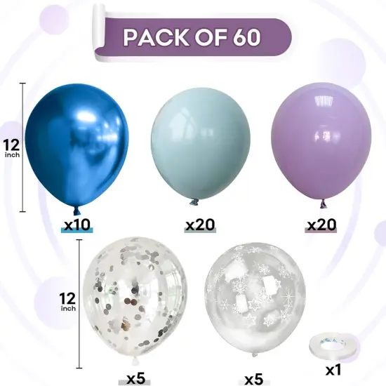 60Pcs Frozen Balloons, Dusty Light Blue Purple Metallic Dark Blue with Snowflake Clear Silver Confetti Latex Balloon for Girls Winter Wonderland Birthday Baby Shower Christmas Frozen Party Decorations {2}
