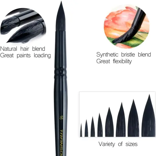 8pcs Round Watercolor Paint Brush Set Goat Hair for Watercolors,Acrylics,Inks,Gouache,Oil and Tempera Black Color {3}