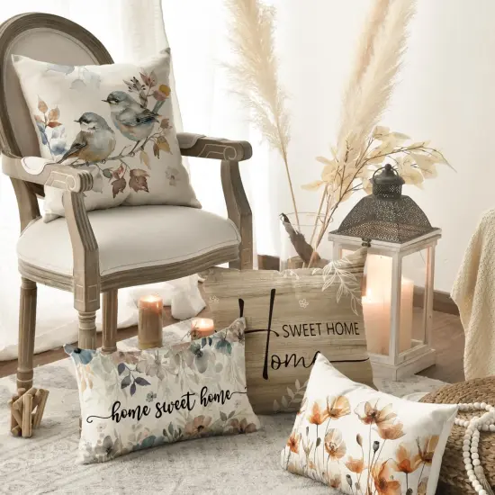 colorlife Chinoiserie Poppy Flowers Chickadee Spring Home Sweet Home Throw Pillow Covers, 18 x 18 Inch Fall Autumn Family is Everything Decorations for Sofa Couch Set of 4 {4}