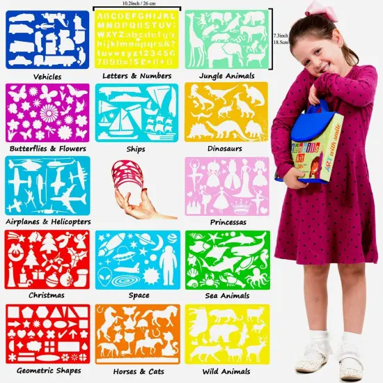 Drawing Stencils Set for Kids (55 Piece) - Arts and Crafts Set for Girls & Boys - Christmas & Birthday Gifts for Kids 4 5 6 7 8 9+ Year Old - Ideal Creativity Kit & Travel Activity with 300+ Shapes {2}