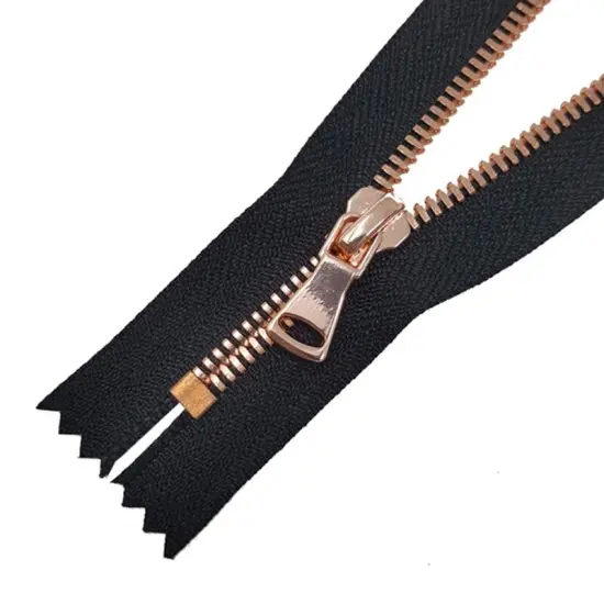5MM One Way Non Separating Closed Bottom Zipper Black Tape Rose Gold Teeth 7" {3}