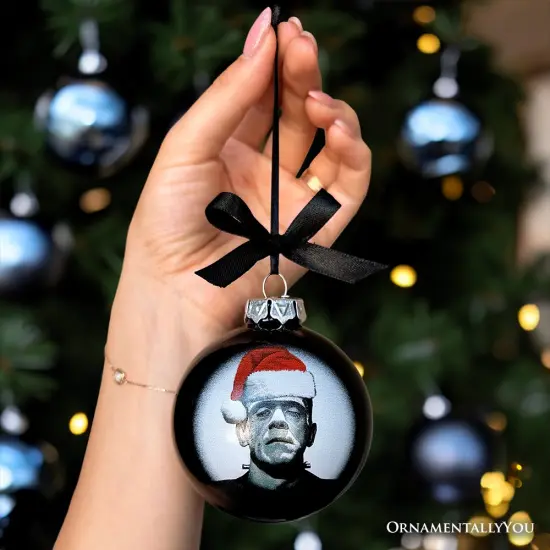 Frankenstein Christmas Spooky Portrait Glass Ornament, Black Horror Halloween Tree Decoration {3}