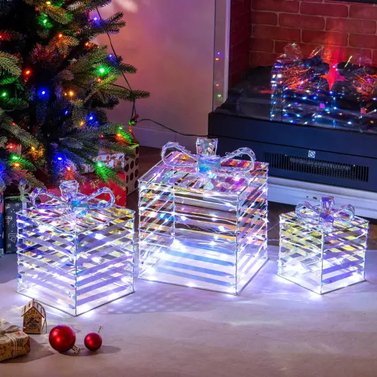 Costway 3 PCS Christmas Lighted Gift Boxes Pre-lit 90 LED Light Up Present Box Decorations {1}