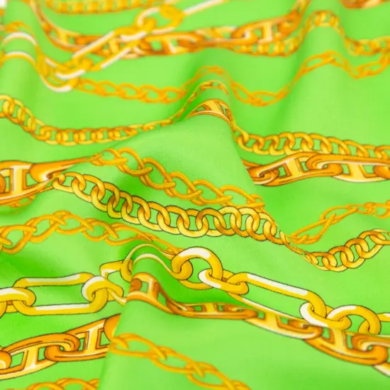 1 Yard Exclusive Italian Silk Charmeuse Kelly Green Gold Chain Print Digitally Printed - 55 Inches Wide {2}