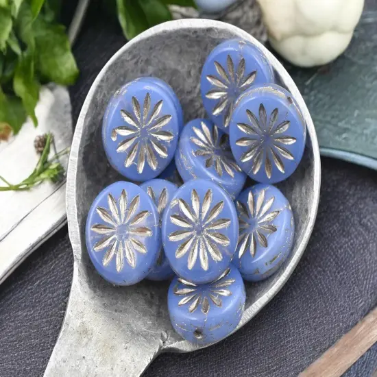 *15* 12mm Silver Platinum Washed Blue Opaline Aster Flower Coin Beads {2}