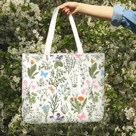 2 Pcs 2 Pcs Spring Canvas Tote Bags Floral Tote Bag Cute Aesthetic Wildflower Herbs Reusable Grocery Bags for Women (Classic) {5}